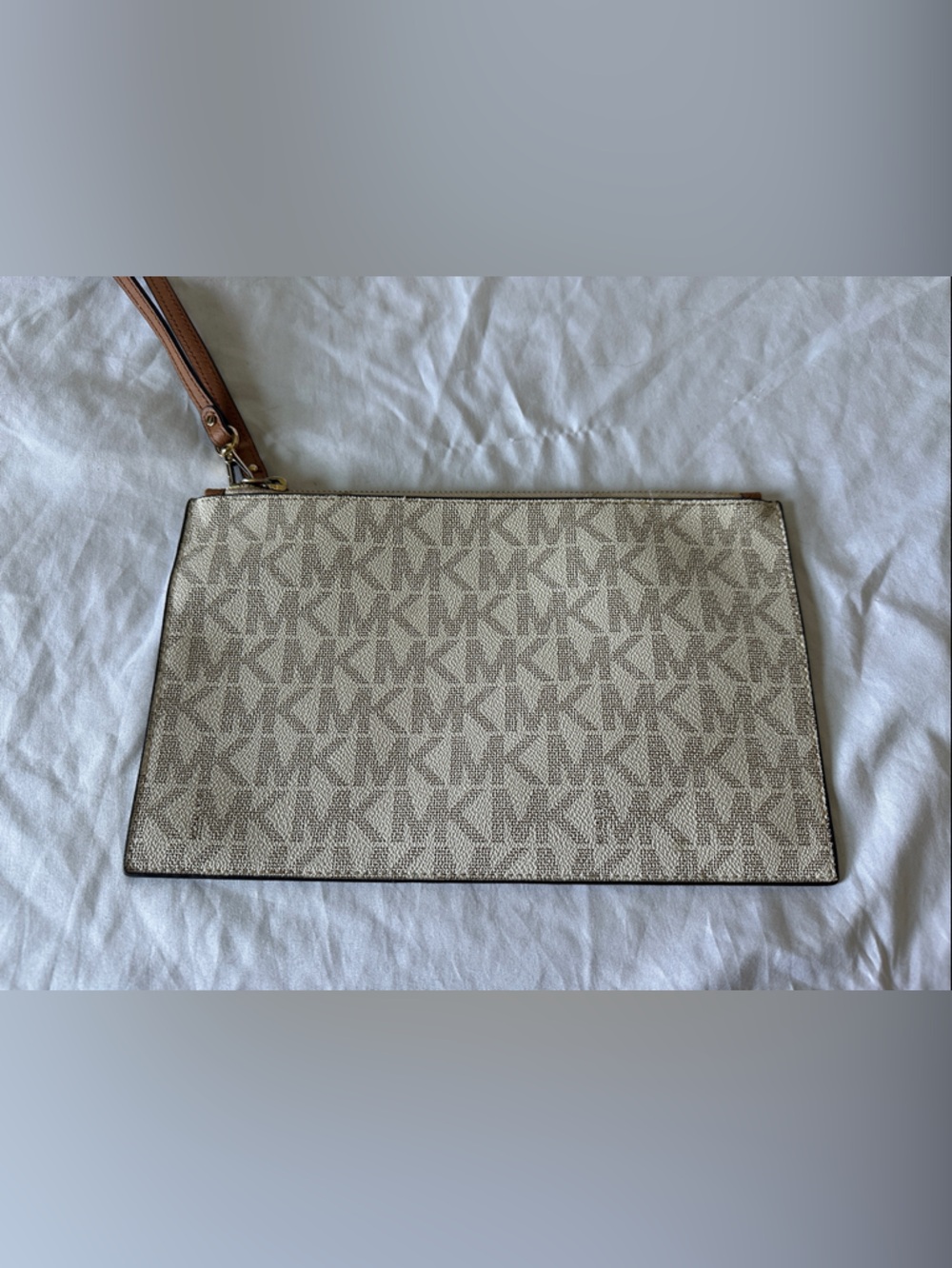 Michael Kors Beige Signature MK Wristlet with Brown Strap